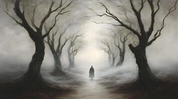 A man walks through a mysterious, surrounded by skeletal trees, It indicates loneliness and sadness, AI-Generateds photo