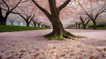 A view of a cherry blossom tunnel, with a carpet of fallen petals beneath the pink blooming trees, AI-Generateds photo