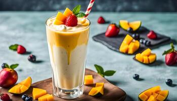 Mango milkshake with cream and raw fruit slice served in glass isolated on table top view healthy morning drink photo