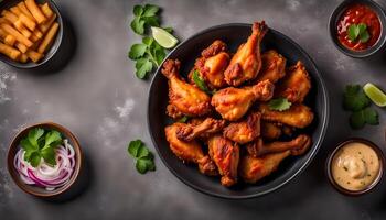 deep-fried chicken varuval in a bowl top view on grey background photo