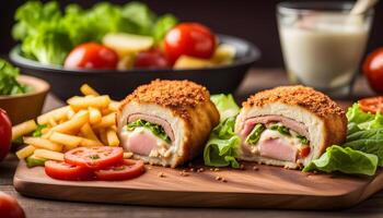 Chicken cordon bleu with salad vegetables isolated on cutting board side view of fast food photo