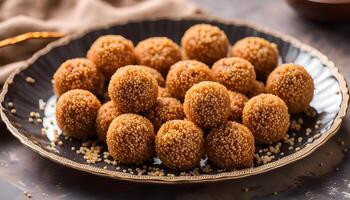 luqaimat or Lotus Gaimat sweet balls with sesame seeds served in dish isolated on table top view of arabic dessert photo