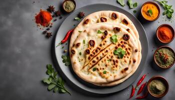 special roghni naan or kulcha served in plate isolated on grey background top view of pakistani and indian spices food photo