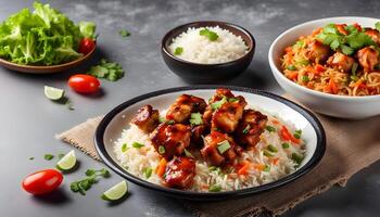 chicken shashlik or chicken manchurian with salad fried rice served in a dish isolated on grey background side view of indian, pakistani food photo