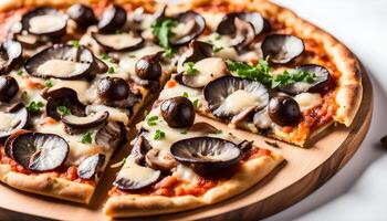 Truffle mushroom pizza isolated on wooden cutting board on plain white background side view of fastfood photo