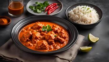 Traditional indian food Murgh Makhani or Butter chicken, tikka masala in a dish isolated on napkin side view on grey background photo