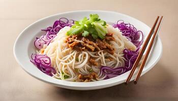 Shredded Pork Rice Noodles with Pickled Cabbage with chopsticks served in a dish isolated on napkin side view of hong kong food photo