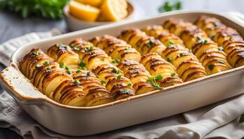 Homemade Hasselback Potato Gratin in a Dish, low angle view. Close-up. photo