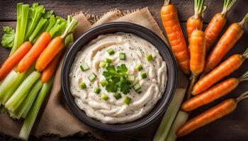 Homemade Caramelized Onion Dip with Baby Carrots, Chips and Celery, top view. photo