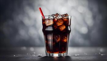 Cold Refreshing Dark Cola on a gray surface, low angle view. Space for text. photo