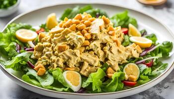 Homemade Coronation Chicken Salad on a white plate, low angle view. Copy space. photo