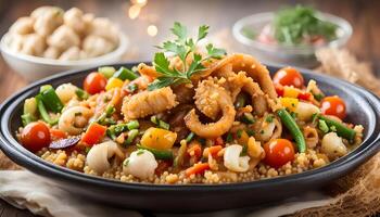 Tagine Cuscus with Calamari and vegetables photo