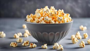 Homemade Cheese Popcorn in a Bowl on a gray background, side view. photo