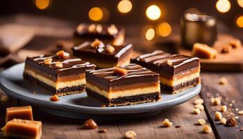 Millionaire's shortbread with chocolate and caramel. Copy space is on the right side. Selective focus. photo