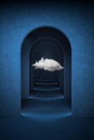 Abstract blue surreal with white cloud. Arch corridor dark blue background, 3d rendering illustration. photo
