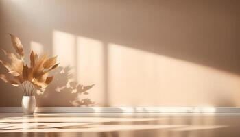 Autumn background room studio with sunlight effect shadow on wall and floor. Summer, spring and cosmetic showroom for product presentation. Minimal beige cream brown backdrop. Mock up design. photo