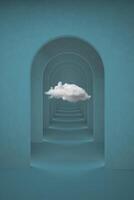 Abstract blue surreal 3d render with white cloud. Arch corridor light blue background concept rendering. Surrealistic interior 3d illustration. photo