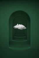 Abstract green surreal 3d render with white cloud. Arch corridor emerald green background concept rendering. Surrealistic interior 3d illustration. photo