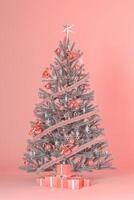 Peach fuzz color Christmas tree concept background 3d render. Pastel colour Christmas card design. photo