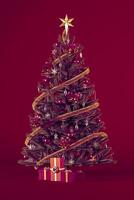 Christmas tree card with ornaments, gift boxes and copy space on burgundy background. Christmas background concept with ornaments and gifts for banner design, 3d rendering illustration. photo