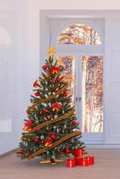 Christmas background room concept with christmas tree and snowy landscape. Christmas tree with red and gold ornaments and red gift boxes in front of windows, 3d interior new year render. photo