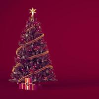 Christmas tree card with ornaments, gift boxes and copy space on burgundy background. Christmas background concept with ornaments and gifts for banner design 3d rendering illustration. photo