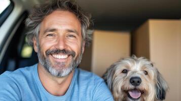 Smiling Caucasian man with dog in car surrounded by boxes during a move photo