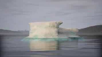 Massive iceberg floating in calm waters near remote coastline at dawn video