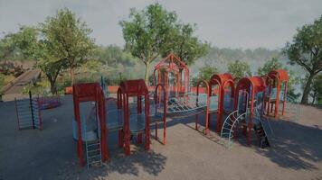 Brightly colored playground equipment in a peaceful park setting by a lake video