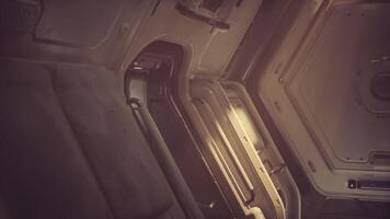 Exploring the interior of a space station with futuristic design at sunset video