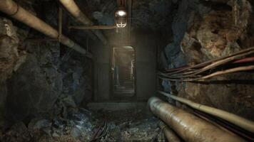 Exploring the dimly lit underground bunker with exposed pipes and rock walls video