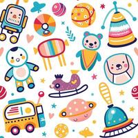 a colorful pattern with toys and other items vector