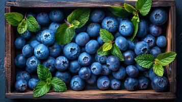 Fresh purple berries fruits on rustic wooden table, close up fresh fruit for healthy lifestyle landscape background, fullframe shot of fresh blueberry for nature background photo