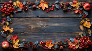 autumn leaves and berries on a wooden background, colorful summer floral with fruit on black rustic wooden table with space blank for text isolated in background, summer concept photo