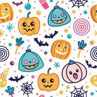halloween seamless pattern with pumpkins, bats and spiders vector