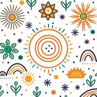 sun, flowers, and other symbols in a colorful pattern vector