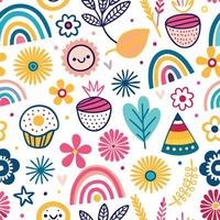 a colorful pattern with flowers, leaves and rainbows vector