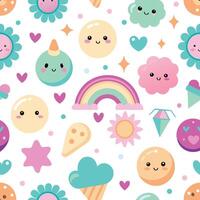 cute kawaii seamless pattern with hearts, rainbows and clouds vector