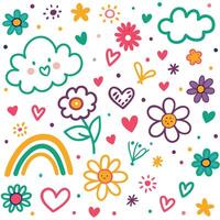 cute flowers and clouds with hearts and rainbows vector