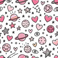 a pink and white space pattern with hearts and planets vector