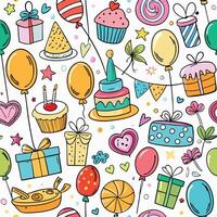 seamless birthday party pattern with balloons, cake, cupcakes and other items vector