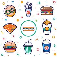 fast food icons set, including hamburger, fries, soda, and more vector