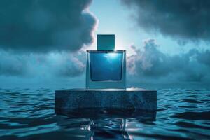 A bottle filled with fragrant perfume is gracefully floating in the ocean photo