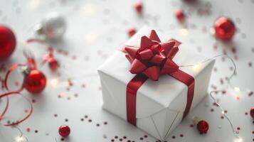 A white gift box with a red bow and Christmas decorations photo