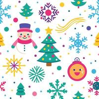 christmas seamless pattern with snowman, tree, and snowflakes vector