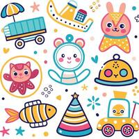 a set of colorful toys and animals on a white background vector