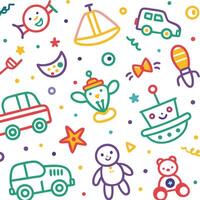 a colorful pattern with toys and other items vector