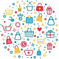 shopping icons in a circle with a white background vector