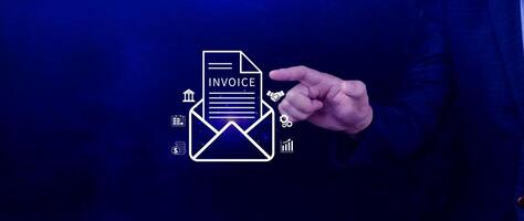 Invoice and online digital statements concept, using touch with invoice icons on virtual screen, Financial report and bank management with online payment concept E.invoice invoice. photo