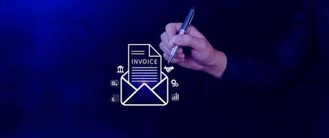 Invoice and online digital statements concept, using touch with invoice icons on virtual screen, Financial report and bank management with online payment concept E.invoice invoice. photo